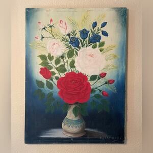 Original Signed Old Floral Still Life Painting on Nailed Canvas 20" x 15"